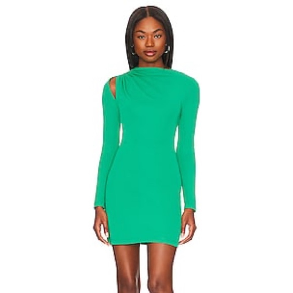 L'Academie One-Shoulder Long-Sleeve Mini Dress in Bright Green